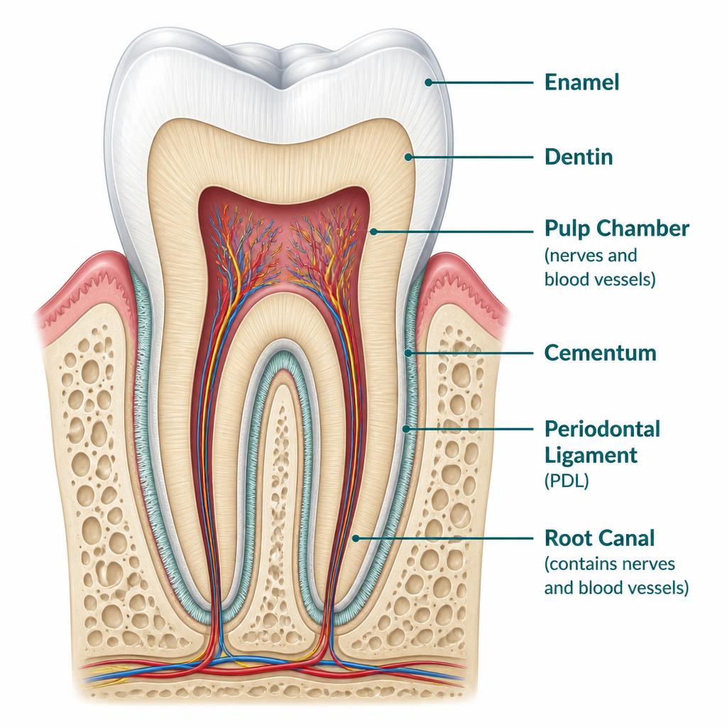 Cross-section of a tooth showing enamel, dentin, pulp, cementum, and periodontal ligament